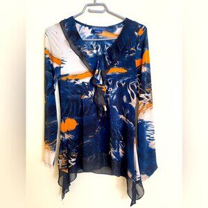 DKR & CO Abstract Patterned Ruffled V-neck Navy Blouse Women Size S US